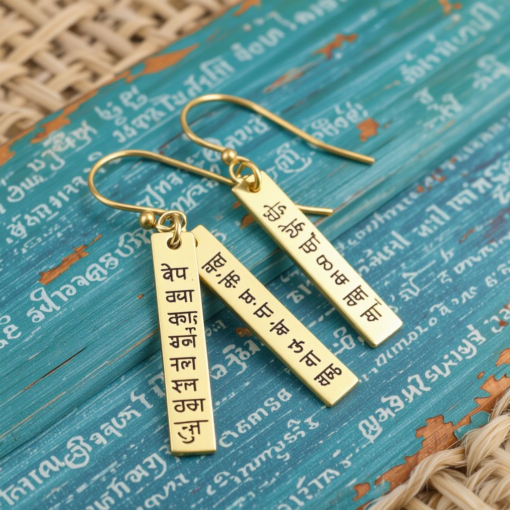 Золотые матовые серьги. На швензе подвеска и виде тонкого длинного прямоугольника. На нем написаны мантры на санскрите. 