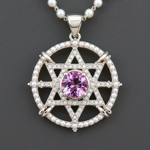 A Merkabah symbol with pink quartz and pearls