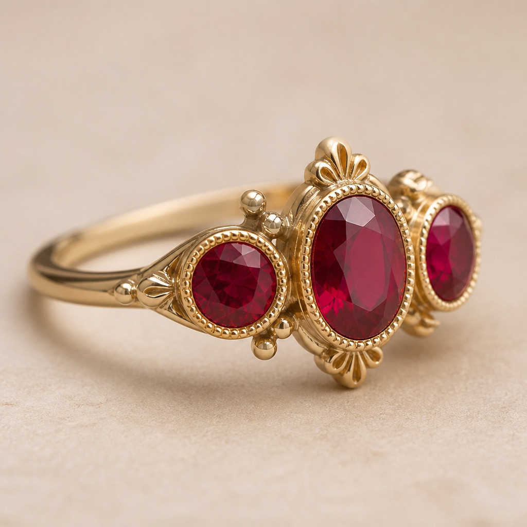 A bohemian women's ring made of gold with ruby stones suitable for birthday. 3 stones, same size, 1 round 2 oval,
photorealistic jewelry design, A bohemian women's ring made of gold with ruby stones suitable for birthday. 3 stones, same size, 1 round 2 oval,, bohemian style, just the design no text