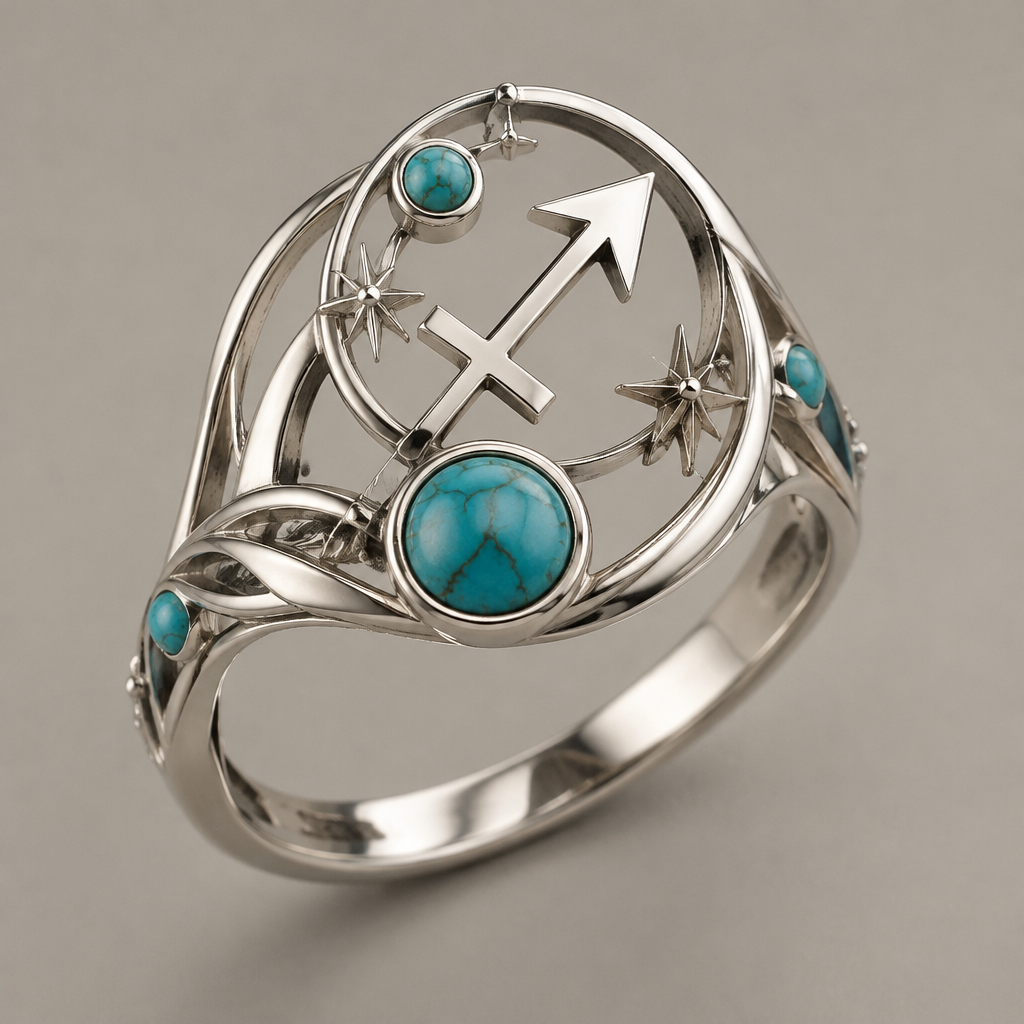 A women's ring made of silver with turquoise stones suitable for daily wear. anillo de plata con signo de sagitario, poder creador y exotico
photorealistic jewelry design, A women's ring made of silver with turquoise stones suitable for daily wear. anillo de plata con signo de sagitario, poder creador y exotico, modern style, just the design no text