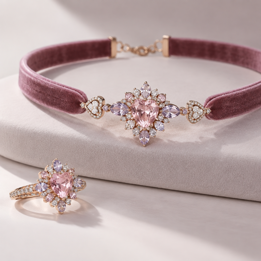 A women's ring. una gargantilla ,el cuello de la gargantilla es tela de terciopelo,y el centro es la joya que caracteriza,se diamantes rosa,lila y blanco,colores suaves y pastelesa los lados se sostiene con la tela con dos detalles con forma de corazón,en los laterales unos pequeños diamantes blancos
photorealistic jewelry design, A women's ring. una gargantilla ,el cuello de la gargantilla es tela de terciopelo,y el centro es la joya que caracteriza,se diamantes rosa,lila y blanco,colores suaves y pastelesa los lados se sostiene con la tela con dos detalles con forma de corazón,en los laterales unos pequeños diamantes blancos, modern style, just the design no text