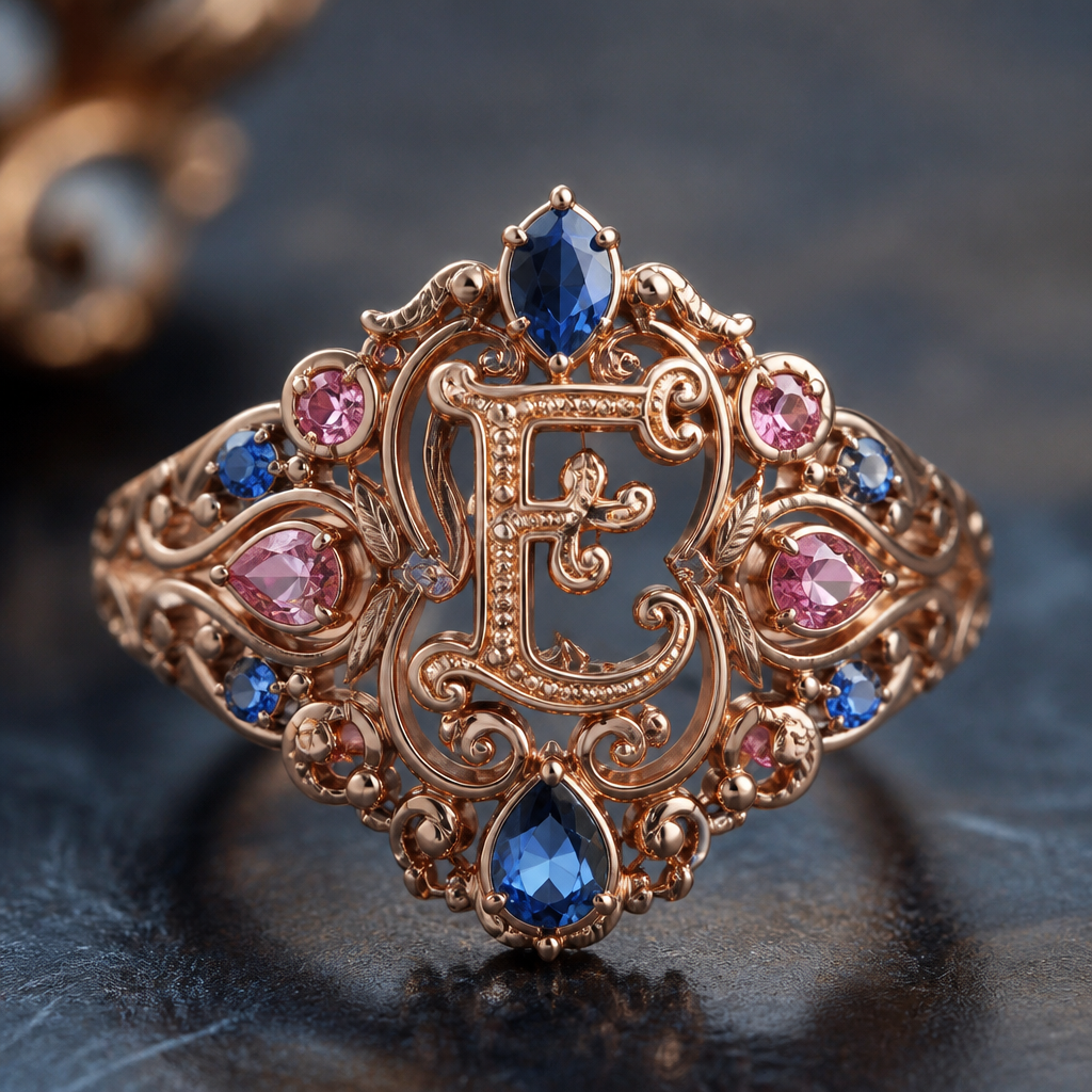 A art nouveau women's ring, highly ornate, intricate and elaborate, richly detailed. anel de 15 anos com inicial E com pedras azul e rosa em volta
photorealistic jewelry design, A art nouveau women's ring, highly ornate, intricate and elaborate, richly detailed. anel de 15 anos com inicial E com pedras azul e rosa em volta, art_nouveau style, just the design no text