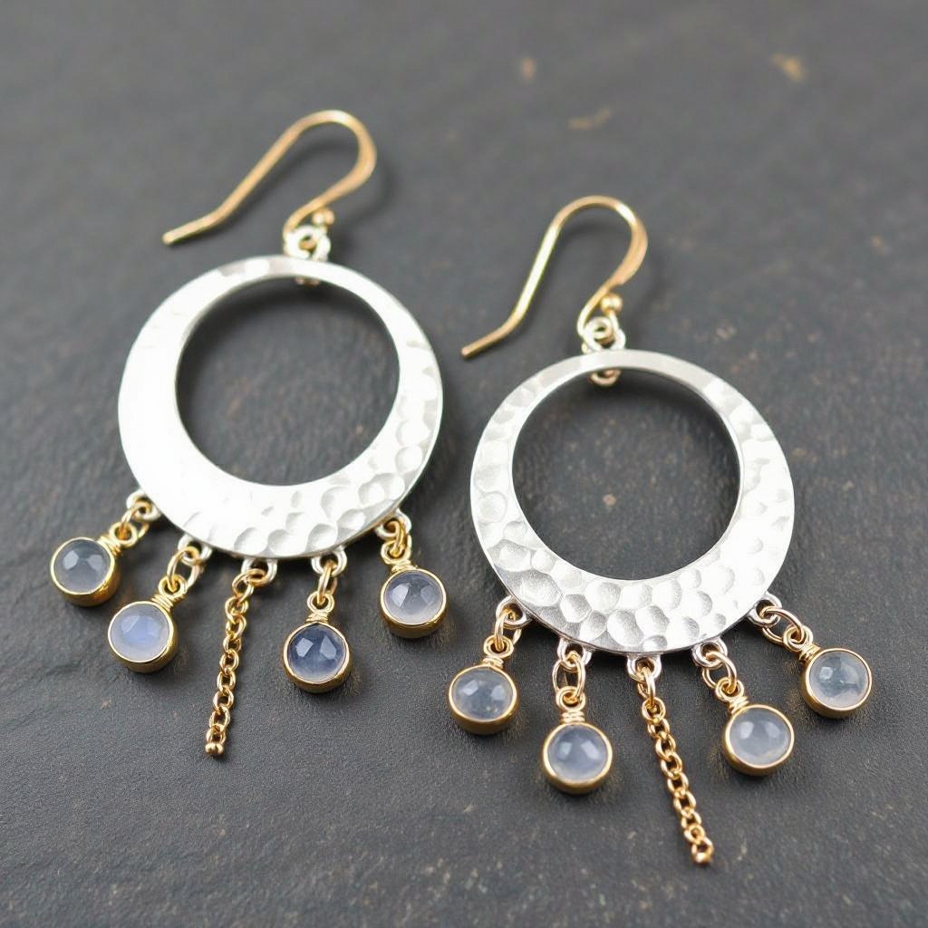 Серебряные серьги словно мятое серебро в форме полумесяца. Верхушка полумесяца крепится к застежке серьги.  От полумесяца идет три цепочки золотого цвета, у каждой на конце мелкий камушек лунный камень