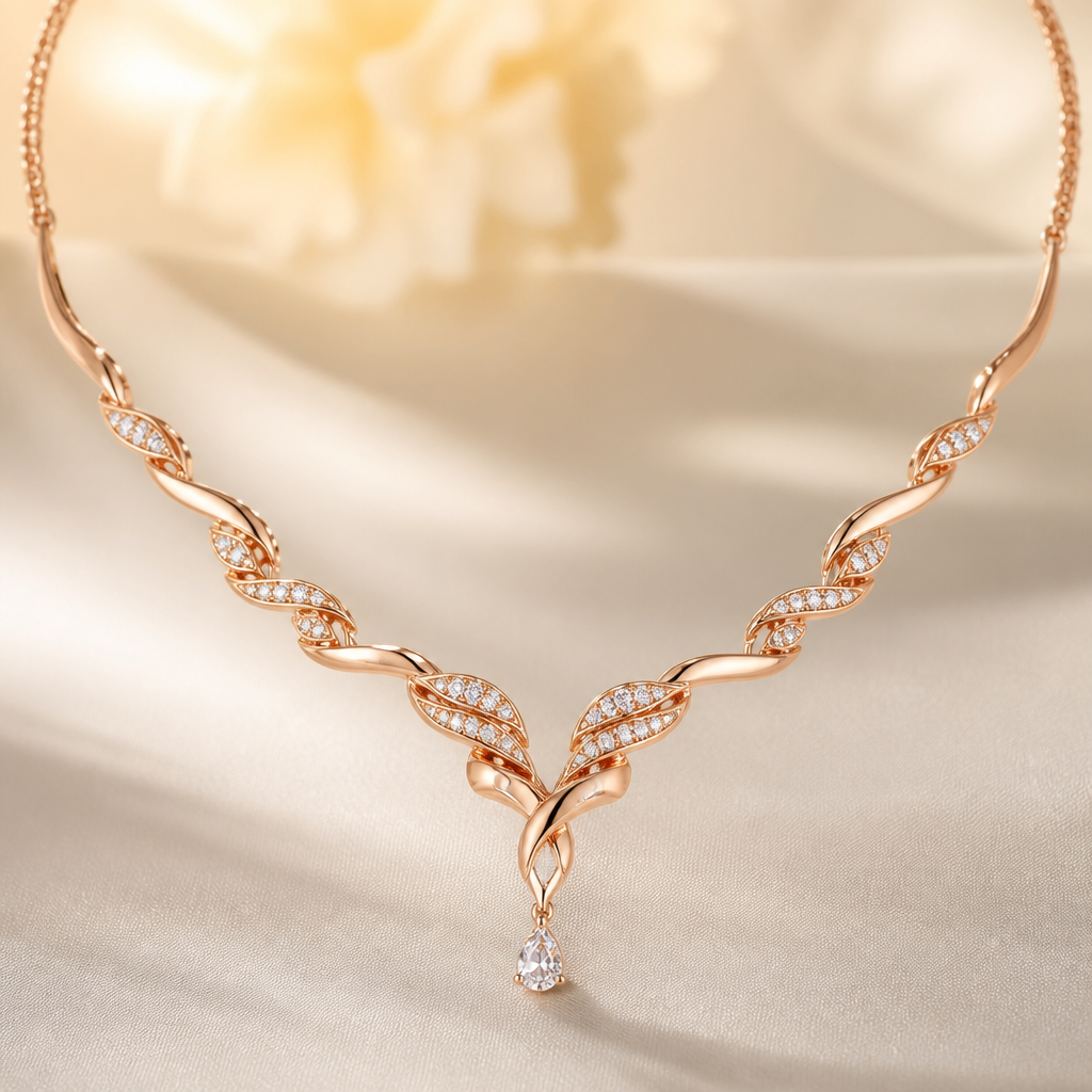 A modern women's necklace made of rose gold suitable for wedding. thhu
photorealistic jewelry design, A modern women's necklace made of rose gold suitable for wedding. thhu, modern style, just the design no text