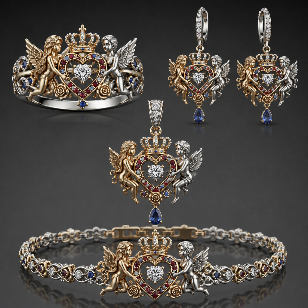 A luxury women's ring made of mixed metal with diamond and ruby and sapphire stones suitable for wedding. An extraordinary beautiful delicate elegant and excellent set of jewelry with a beautiful delicate and elegant ring, two ear rings, a pendant and a bracelet with a heart at the middle and a diamond in the middle of the heart over the heart to be placed a beautiful delicate and elegant queen crown with a diamond in the middle and rubies and sapphires all around the crown, with an extraordinary beautiful delicate and elegant female Angel with a beautiful delicate and elegant face with long hair holding a heart with Her right hand and a rose with Her left hand at the right side of the heart and an extraordinary beautiful delicate and elegant male Angel with an extraordinary beautiful delicate elegant and fit body with a beautiful delicate and elegant face with short hair holding a heart with His right hand and a rose with His left hand at the left side of the heat. Both Angels to be placed to all the items of the set. The Angels to be adult Angels at all the items of the set. The crown to be placed on the heart.