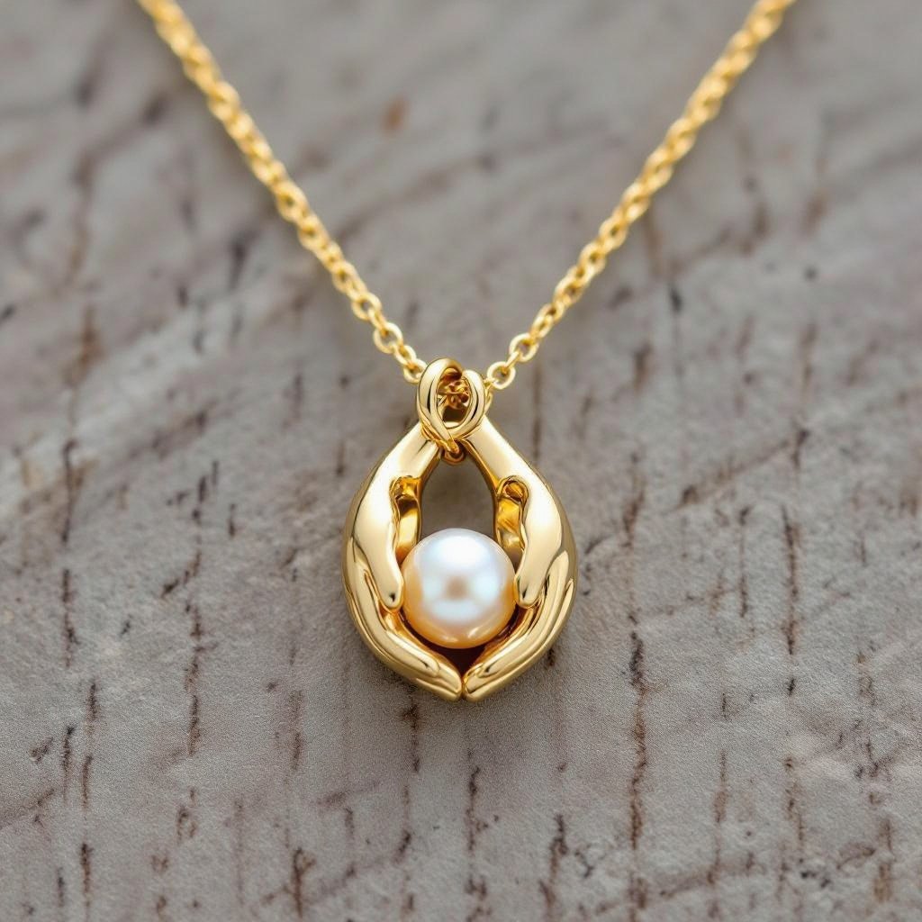 Украшение на шею золотая цепочка с подвеской в виде двух ладоней которые держат жемчужину по центру