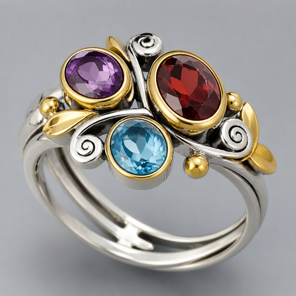 A modern women's ring made of mixed metal with topaz and garnet and amethyst stones suitable for festival. A modern women ring with little ornaments of modern motifs.
photorealistic jewelry design, A modern women's ring made of mixed metal with topaz and garnet and amethyst stones suitable for festival. A modern women ring with little ornaments of modern motifs., modern style, just the design no text