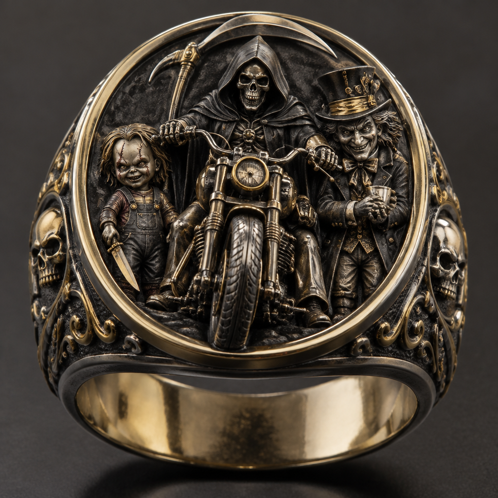 A signet men's ring made of mixed metal suitable for formal, detailed and decorative, moderately ornate. reaper on a motorcycle with Chucky and the madhatter standing beside the cycle
photorealistic jewelry design, A signet men's ring made of mixed metal suitable for formal, detailed and decorative, moderately ornate. reaper on a motorcycle with Chucky and the madhatter standing beside the cycle, signet style, just the design no text