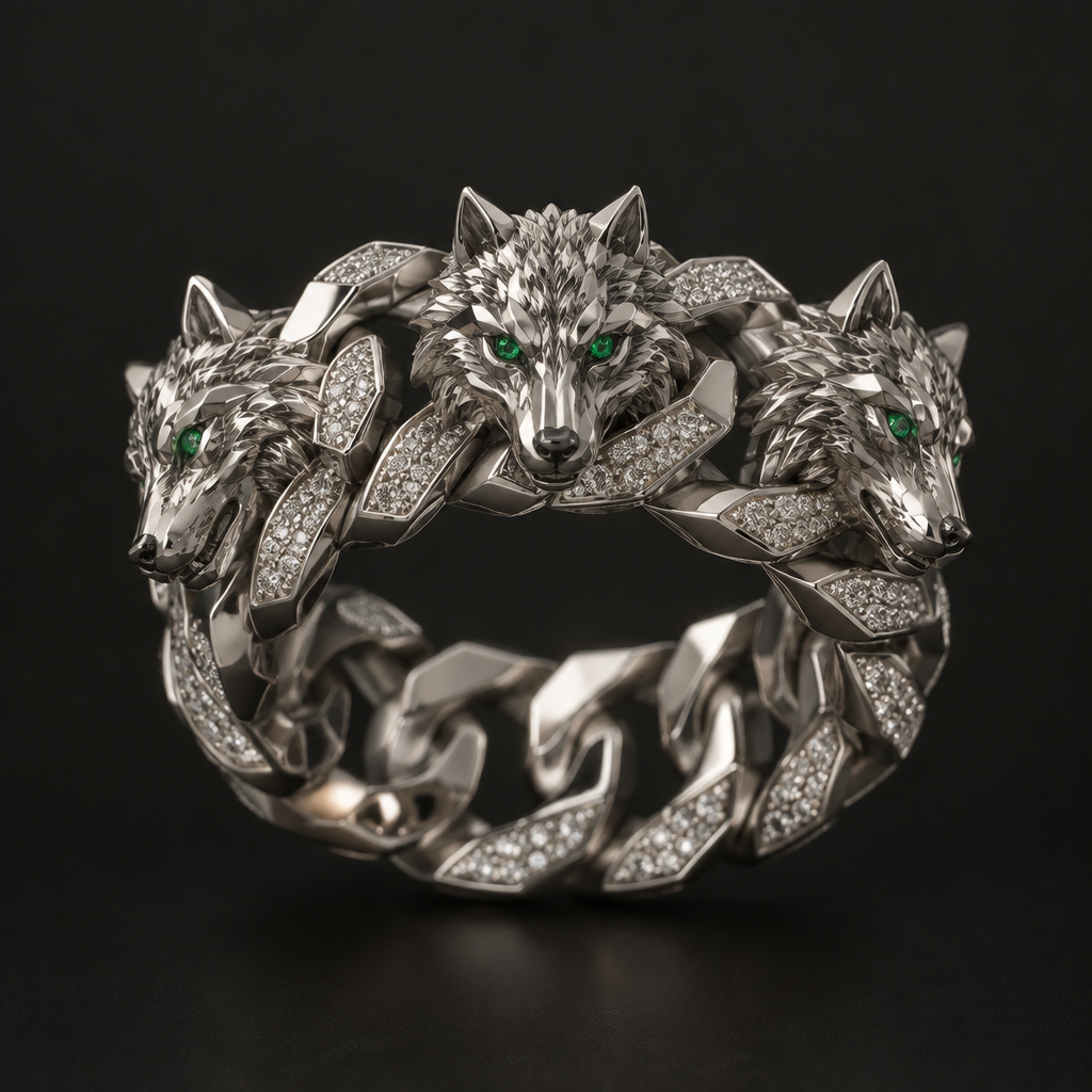 A women's ring. hola mucho gusto podrias ayudarme a crear una cadena cubana cuadrada en oro blanco con 3 lobos de ojos verdes en 3d
photorealistic jewelry design, A women's ring. hola mucho gusto podrias ayudarme a crear una cadena cubana cuadrada en oro blanco con 3 lobos de ojos verdes en 3d, modern style, just the design no text