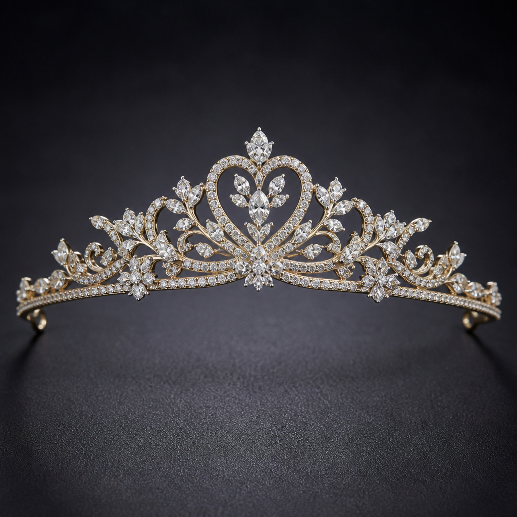 A romantic women's tiara made of gold with diamond stones
photorealistic jewelry design, A romantic women's tiara made of gold with diamond stones, romantic style, just the design no text