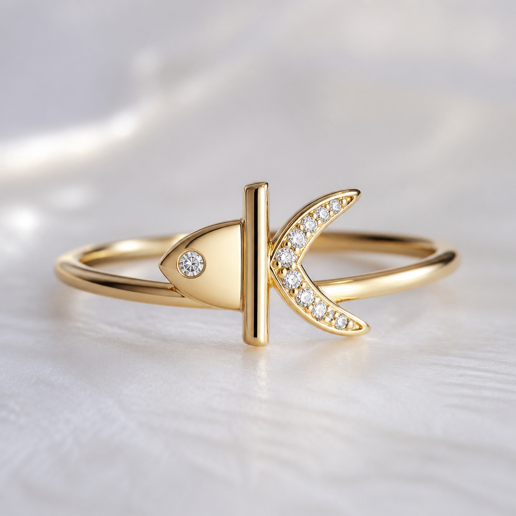A women's ring. Буква К виде рыбки
photorealistic jewelry design, A women's ring. Буква К виде рыбки, modern style, just the design no text