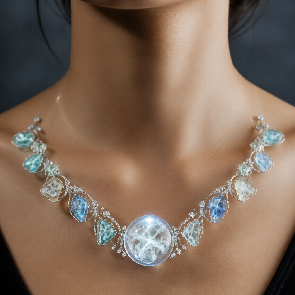 A nature women's necklace made of white gold with diamond stones suitable for festival. the chain is invisible,it is made of optical fiber,so fine it disappears against the skin.hanging from it are 13 fragment of sky glass not real glass.inside each fragment,there's a trapped cloud of colored midst.the centerpiece isn't a stone,it is a sphere of frozen smoke
photorealistic jewelry design, A nature women's necklace made of white gold with diamond stones suitable for festival. the chain is invisible,it is made of optical fiber,so fine it disappears against the skin.hanging from it are 13 fragment of sky glass not real glass.inside each fragment,there's a trapped cloud of colored midst.the centerpiece isn't a stone,it is a sphere of frozen smoke, nature_inspired style, just the design no text