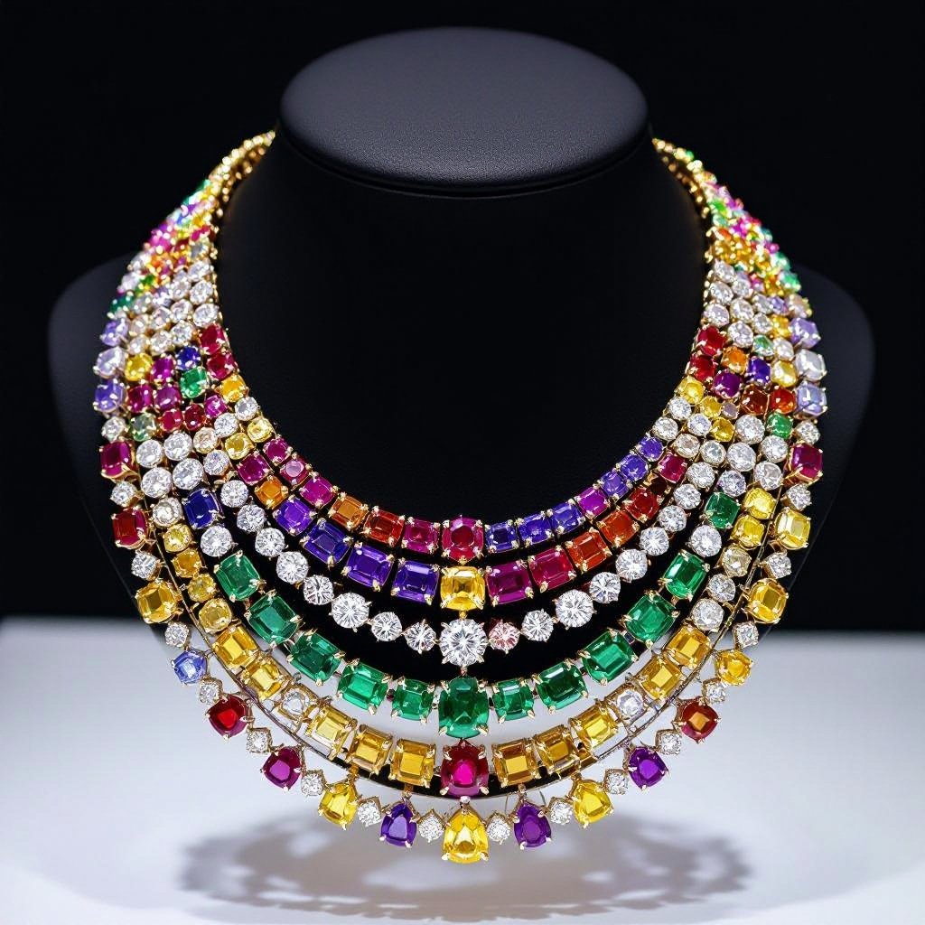 Make a seven stranded necklace having seven colours of the rainbow place it on  a black neck stand it shoul be a high jewellery necklace