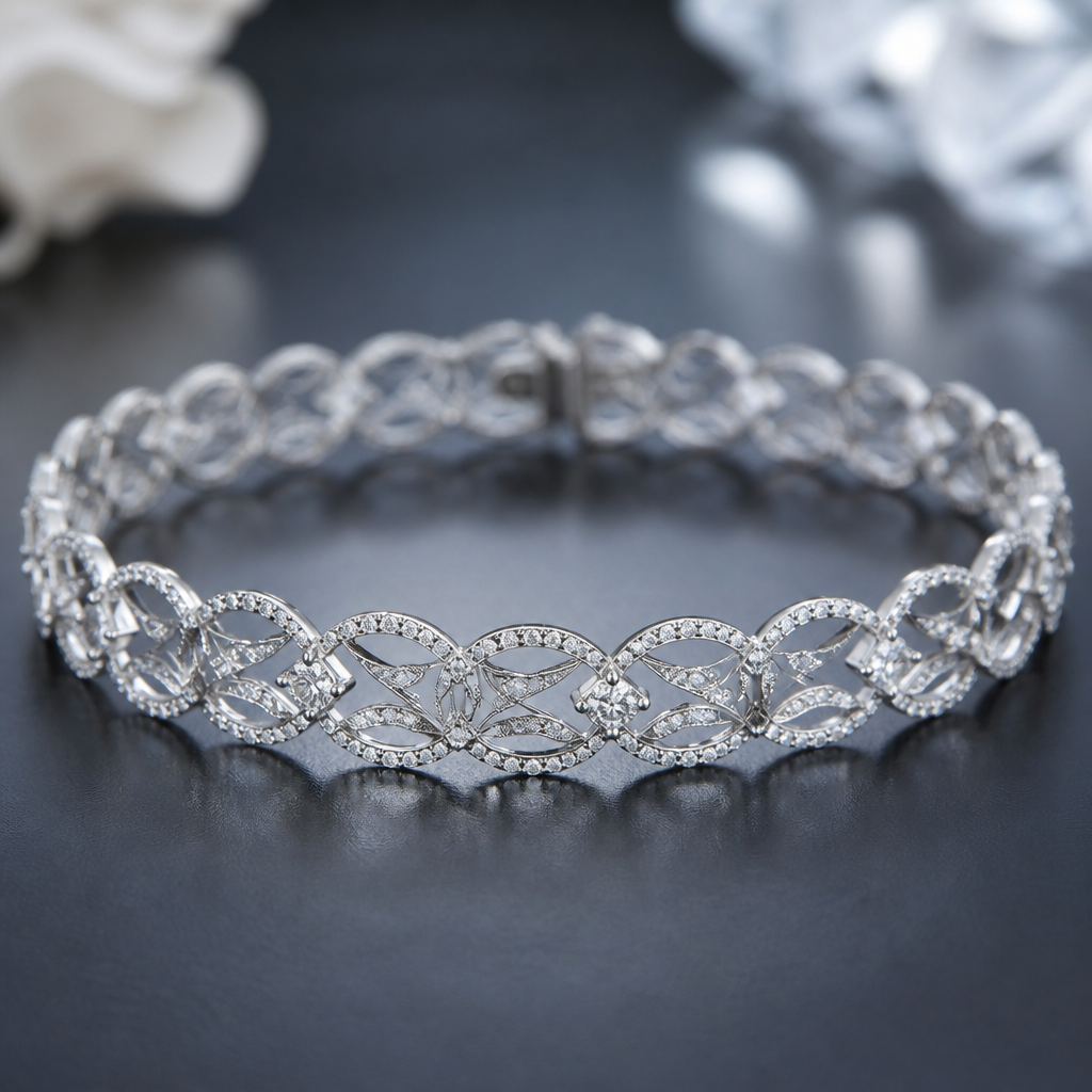 A women's bracelet made of silver with diamond stones. bracelet qui rappel la dentelle metal fin
photorealistic jewelry design, A women's bracelet made of silver with diamond stones. bracelet qui rappel la dentelle metal fin, modern style, just the design no text