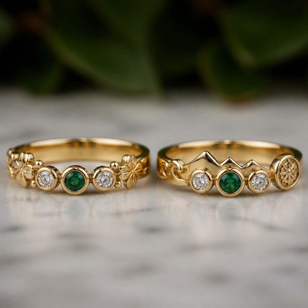 i want to design couple rings to celebrate our 10 year marriage anniversiry. The rings should feature our family as a whole, including the best luck elements of four of us.
photorealistic jewelry design, just the design, no text, I want to design couple rings for our 10th anniversary. The rings should feature our family, including lucky elements for all four of us. **Gold rings with emeralds and diamonds, bezel set.**