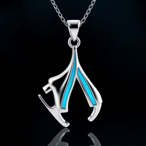 Silver pendant in the shape of ice skating blades with a turquoise stripe within the blade