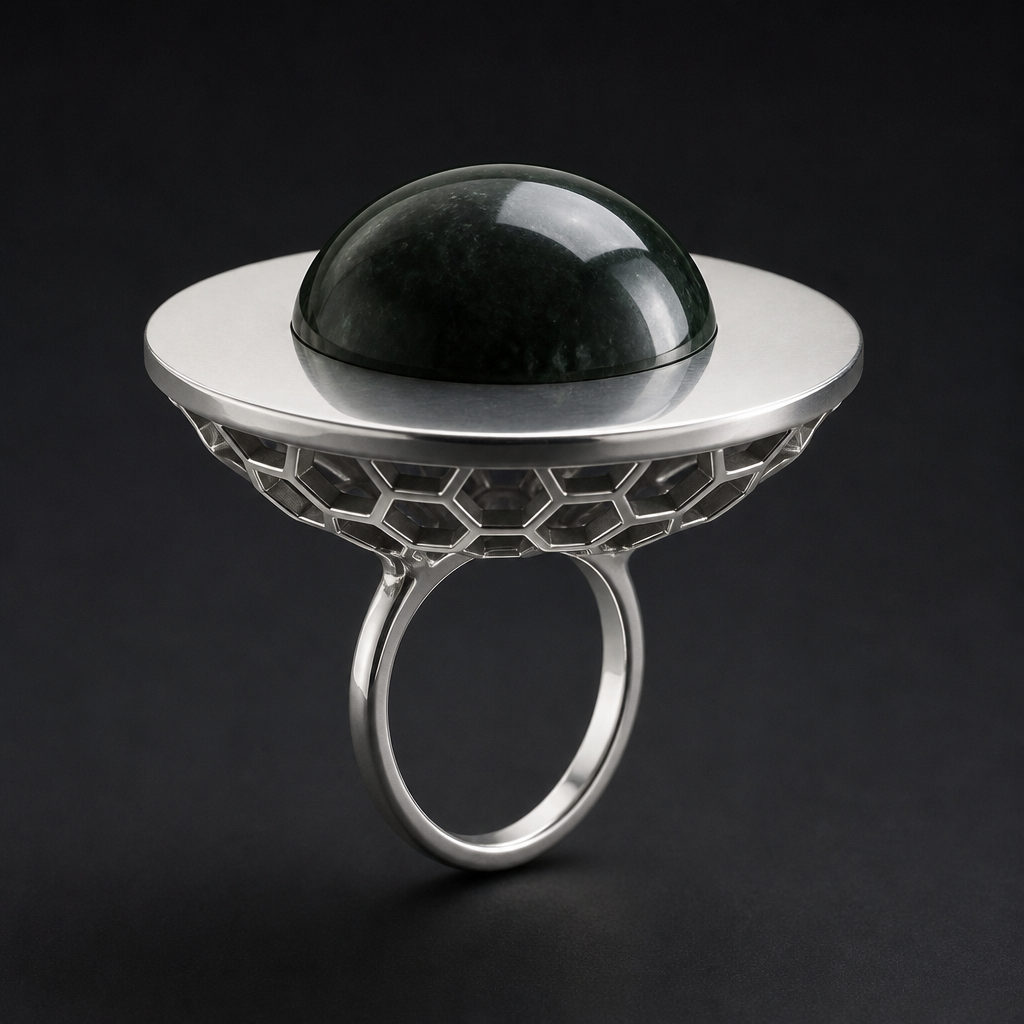 A women's ring. Create a photorealistic high-end jewelry render based strictly on my uploaded sketch. Preserve my sketch's exact design concept and proportions. The ring has a round half-dome cabochon gemstone, flat on the bottom and smoothly domed on top. A perfectly flat circular sterling-silver plate directly underneath the gemstone. The silver plate extends approximately3 mm beyond the gemstone on all sides. Beneath the flat plate, an outer layer made of open hexagonal honeycomb geometry. The honeycomb structure forms the visible underside of the circular platform and connects downward toward the center. At the center underneath the structure, attach one completely simple, smooth , plain sterling-silver ring shank. The shank must be minimal and centered. IMPORTANT: Preserve the design from my reference sketch. Do not add side stones. Do not add claws or prongs on top of the gemstone. Do not add engraving. Do not add decorative elements or extra details. Do not replace the honeycomb pattern. Keep it minimalist, architectural, elegant, and handmade. Show a three-quarter perspective from slightly above, so both the flat silver platform and the honeycomb underside are clearly visible. Use realistic sterling silver, realistic gemstone, detailed metalwork, studio lighting, neutral dark background. Use my uploaded sketch as the primary visual reference. Preserve its geometry and proportions as closely as possible.
photorealistic jewelry design, A women's ring. Create a photorealistic high-end jewelry render based strictly on my uploaded sketch. Preserve my sketch's exact design concept and proportions. The ring has a round half-dome cabochon gemstone, flat on the bottom and smoothly domed on top. A perfectly flat circular sterling-silver plate directly underneath the gemstone. The silver plate extends approximately3 mm beyond the gemstone on all sides. Beneath the flat plate, an outer layer made of open hexagonal honeycomb geometry. The honeycomb structure forms the visible underside of the circular platform and connects downward toward the center. At the center underneath the structure, attach one completely simple, smooth , plain sterling-silver ring shank. The shank must be minimal and centered. IMPORTANT: Preserve the design from my reference sketch. Do not add side stones. Do not add claws or prongs on top of the gemstone. Do not add engraving. Do not add decorative elements or extra details. Do not replace the honeycomb pattern. Keep it minimalist, architectural, elegant, and handmade. Show a three-quarter perspective from slightly above, so both the flat silver platform and the honeycomb underside are clearly visible. Use realistic sterling silver, realistic gemstone, detailed metalwork, studio lighting, neutral dark background. Use my uploaded sketch as the primary visual reference. Preserve its geometry and proportions as closely as possible., modern style, just the design no text