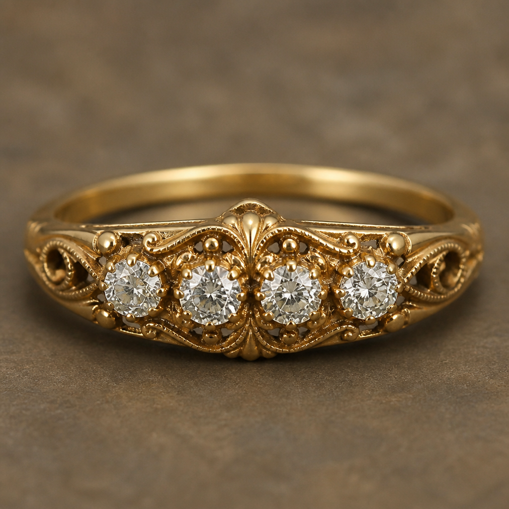 A vintage women's ring made of gold with diamond stones suitable for engagement. A little ornament on the ring. Four diamonds placed in a row, each same size.
photorealistic jewelry design, A vintage women's ring made of gold with diamond stones suitable for engagement. A little ornament on the ring. Four diamonds placed in a row, each same size., vintage style, just the design no text