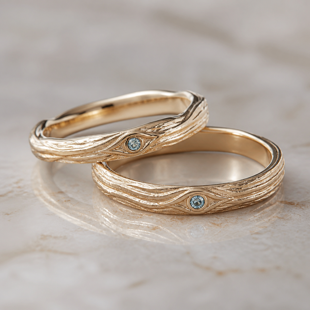 A women's ring. Создать дизайн обручальных колец, золотые из светлого золота(не желтого), тонкие но что бы внутри вместилась гравировка "Цом Цом", фактурные напоминающие дерево и плывущее как река, не ровные, немного в эльфийском стиле, но не перегруженно, с маленьким камнем голубого или голубо-зеленого цвета.
photorealistic jewelry design, A women's ring. Создать дизайн обручальных колец, золотые из светлого золота(не желтого), тонкие но что бы внутри вместилась гравировка "Цом Цом", фактурные напоминающие дерево и плывущее как река, не ровные, немного в эльфийском стиле, но не перегруженно, с маленьким камнем голубого или голубо-зеленого цвета., modern style, just the design no text