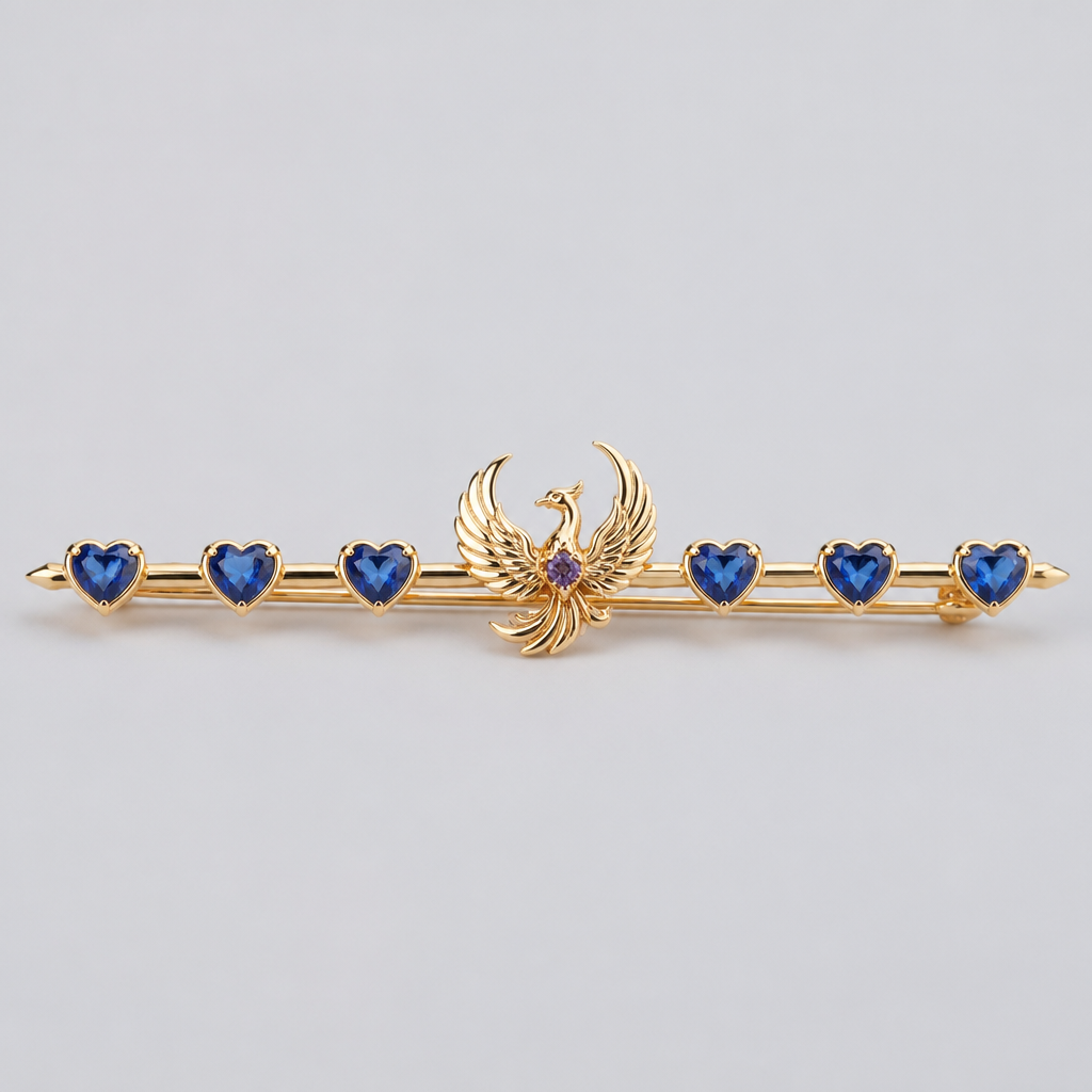 A minimalist women's brooch made of gold with amethyst and sapphire stones suitable for daily wear. um briche com fio dourado, ouro, robusto, com 7 corações espaçados emtre si 0,05mm com pedra azul sapphire. no centro uma fenix segurando uma pedra pequena amethyst. um pin smples, elegante, sofesticado e discreto para usar no dia a dia com charme e poder
photorealistic jewelry design, A minimalist women's brooch made of gold with amethyst and sapphire stones suitable for daily wear. um briche com fio dourado, ouro, robusto, com 7 corações espaçados emtre si 0,05mm com pedra azul sapphire. no centro uma fenix segurando uma pedra pequena amethyst. um pin smples, elegante, sofesticado e discreto para usar no dia a dia com charme e poder, minimalist style, just the design no text