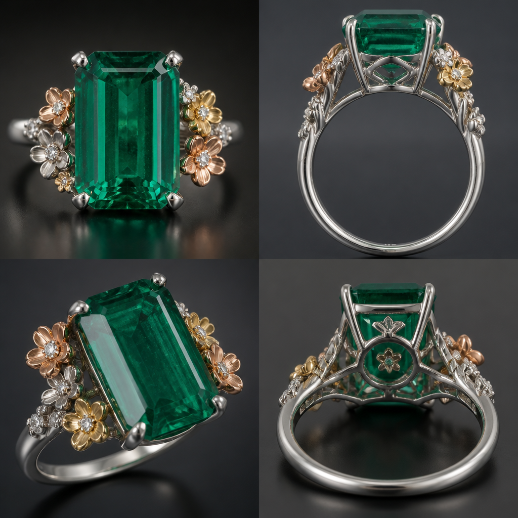 A luxury women's ring made of white gold with emerald and diamond stones. Quero um anel sofisticado em ouro branco. A gema é uma esmeralda colombiana de 21,37mm de altura; 17,12mm de largura e 10,07mm de medida da culaça até a mesa.
Quero que o aro seja fino, delicado, dando destaque à gema. Galeria dupla para cravar a esmeralda.
Quero que o anel possua alguma flores delicadas nos três tons de ouro e que o miolo dessas flores seja um diamante.
Não quero as flores todas alinhadas. Quero algo bem harmônico e com movimento.
photorealistic jewelry design, A luxury women's ring made of white gold with emerald and diamond stones. Quero um anel sofisticado em ouro branco. A gema é uma esmeralda colombiana de 21,37mm de altura; 17,12mm de largura e 10,07mm de medida da culaça até a mesa.
Quero que o aro seja fino, delicado, dando destaque à gema. Galeria dupla para cravar a esmeralda.
Quero que o anel possua alguma flores delicadas nos três tons de ouro e que o miolo dessas flores seja um diamante.
Não quero as flores todas alinhadas. Quero algo bem harmônico e com movimento., luxury style, just the design no text