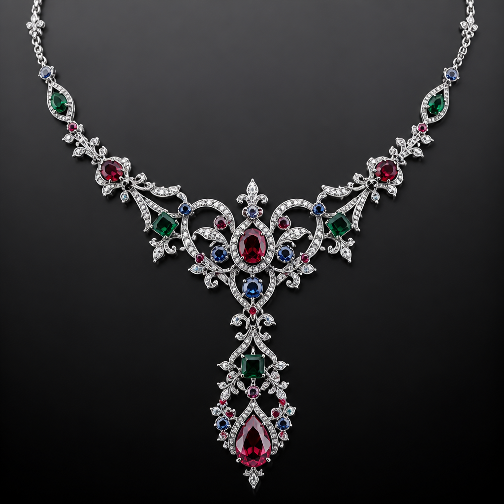 A gothic women's necklace made of white gold with ruby and sapphire and emerald stones suitable for wedding
photorealistic jewelry design, A gothic women's necklace made of white gold with ruby and sapphire and emerald stones suitable for wedding, gothic style, just the design no text