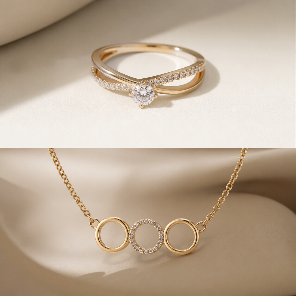 A women's ring. a necklace with three circles in the middle
photorealistic jewelry design, A women's ring. a necklace with three circles in the middle, modern style, just the design no text