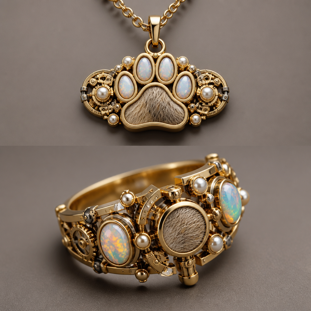 A industrial women's ring made of gold with pearl and opal stones suitable for gift, highly ornate, intricate and elaborate, richly detailed. collar de patita de perrito con pelo de perro que detrás ponga togo
photorealistic jewelry design, A industrial women's ring made of gold with pearl and opal stones suitable for gift, highly ornate, intricate and elaborate, richly detailed. collar de patita de perrito con pelo de perro que detrás ponga togo, industrial style, just the design no text