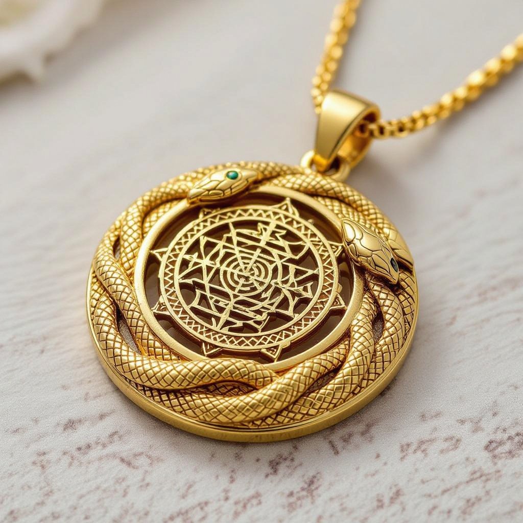 Золотой матовый кулон в виде круга, по окружности золотая тонкая змея в центре изображена янтра богини кали
