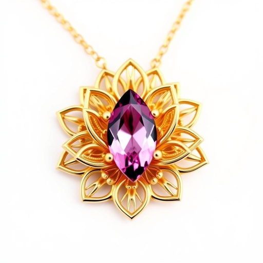 A everyday wear gold necklace with a pink color gemstone in a marquise cut. All the details are delicate and they rappresent the petals of the flower lotus.