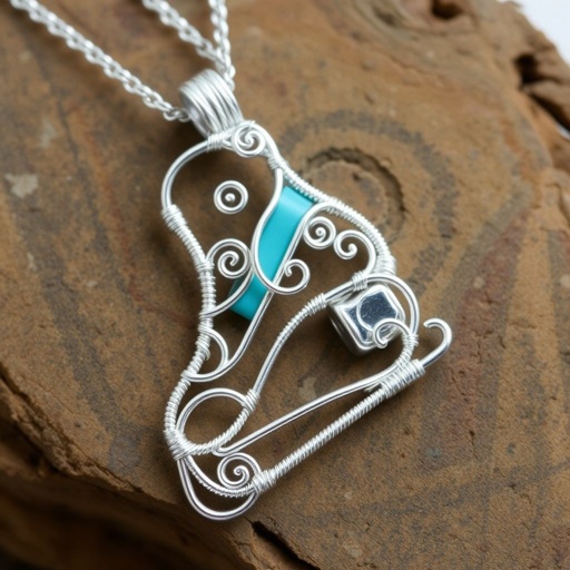 Silver Pendant shape one ice skate with turquoise stripe inside the low thin part blade