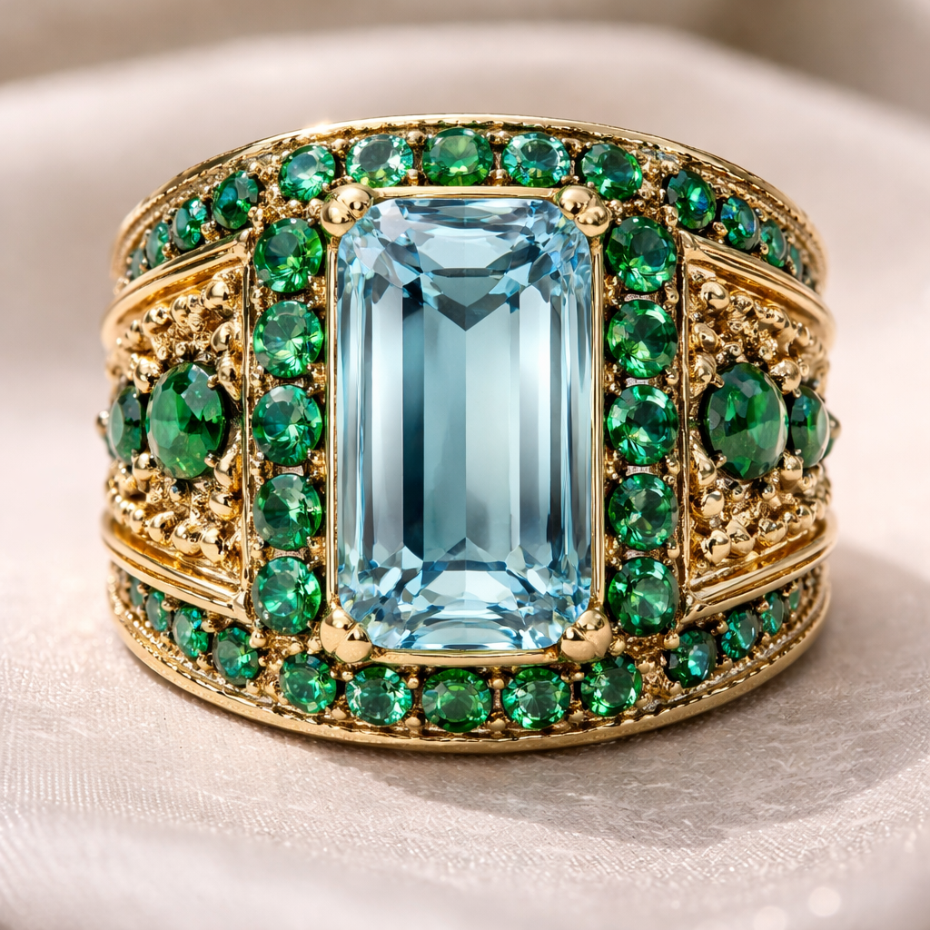 Wide yellow gold band with vertical emerald cut aquamarine center stone surrounded by emeralds