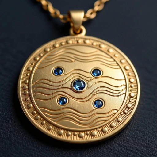 Золотой матовый медальон в форме неровного круга с неровными краями. По краям выпуклые точки сплошной линией. На круге разные волнистые узоры словно волны. Три миниатюрных голубых камушка хаотично расположены в круге