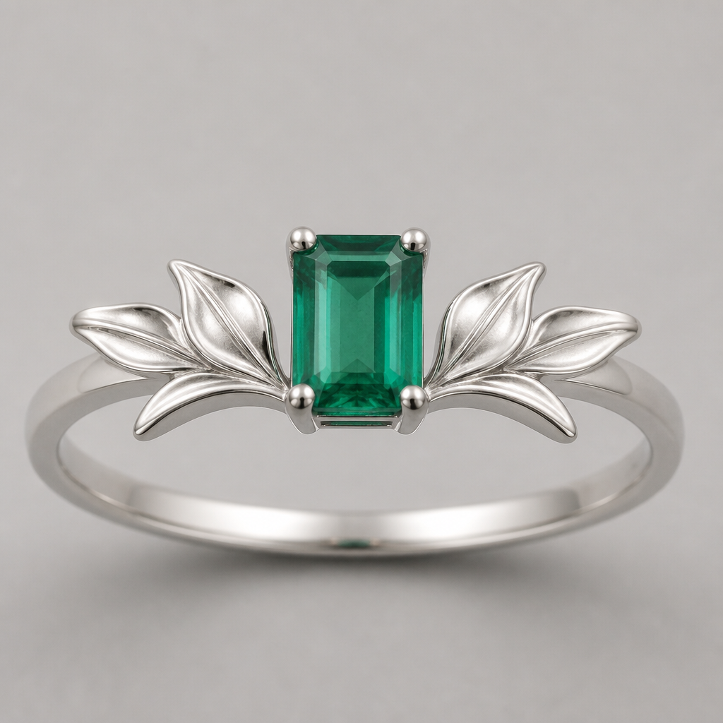 A women's ring. Ein filigraner Silberring, mit einem oben zentral platzierten grünen Smaragd. dieser sollte in Form eines Rechtecks geschliffen sein. links und rechts neben dem Smaragd sollen sich Blätter aus Silber befinden.Die Blätter zu beiden Seiten sollen drei spitzen haben. Eine Mittlere und zwei im annähernd rechten Winkel nach links und rechts von der Blattmittel abstehend. Die Mittlere Blattspitze soll flach zulaufen und sich dabei leicht nach rechts schwingen, wobei die Spitze wieder annähernd Mittig endet. Die beiden an der Seite befindlichen Blätter sollen leicht nach oben geschwungen werden, wobei jedoch der höchste Punkt des Blattes nicht die Spitzen sein sollen. oben an den Blättern soll sich in der Mitte eine Vertiefung befinden, die von zwei Wölbungen gesäumt wird. die Blätter sollen links und rechts den Smaragd säumen und mit der Mittleren Spitze entlang der Ringschiene vom Smaragd weg zeigen.
photorealistic jewelry design, A women's ring. Ein filigraner Silberring, mit einem oben zentral platzierten grünen Smaragd. dieser sollte in Form eines Rechtecks geschliffen sein. links und rechts neben dem Smaragd sollen sich Blätter aus Silber befinden.Die Blätter zu beiden Seiten sollen drei spitzen haben. Eine Mittlere und zwei im annähernd rechten Winkel nach links und rechts von der Blattmittel abstehend. Die Mittlere Blattspitze soll flach zulaufen und sich dabei leicht nach rechts schwingen, wobei die Spitze wieder annähernd Mittig endet. Die beiden an der Seite befindlichen Blätter sollen leicht nach oben geschwungen werden, wobei jedoch der höchste Punkt des Blattes nicht die Spitzen sein sollen. oben an den Blättern soll sich in der Mitte eine Vertiefung befinden, die von zwei Wölbungen gesäumt wird. die Blätter sollen links und rechts den Smaragd säumen und mit der Mittleren Spitze entlang der Ringschiene vom Smaragd weg zeigen., modern style, just the design no text