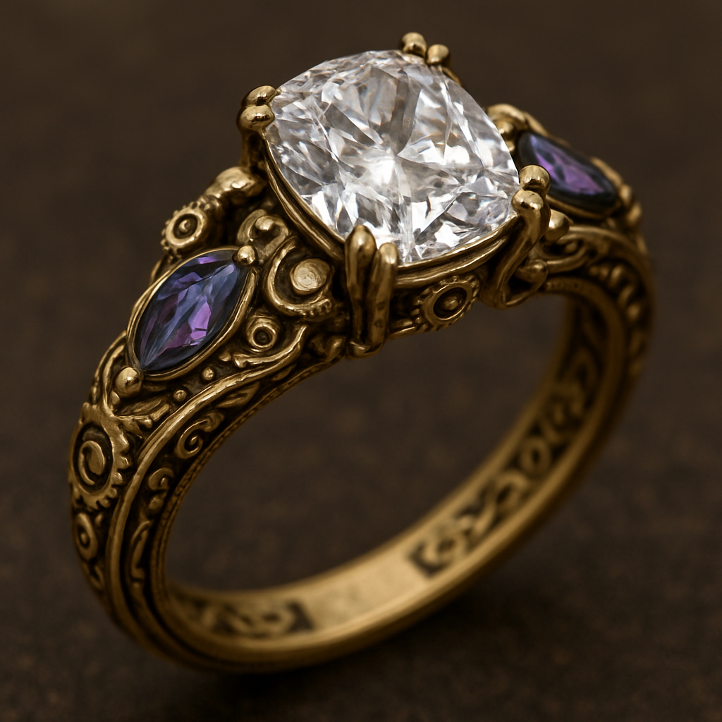 2 carat elongated cushion cut diamond engagement ring with double claw prongs in yellow gold ring with marquise shaped alexandrite side stones