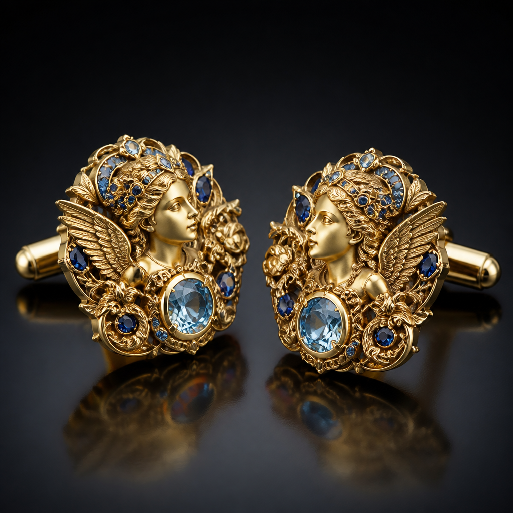 A mythological women's cufflinks made of gold with aquamarine and sapphire stones suitable for formal, highly ornate, intricate and elaborate, richly detailed
photorealistic jewelry design, A mythological women's cufflinks made of gold with aquamarine and sapphire stones suitable for formal, highly ornate, intricate and elaborate, richly detailed, mythological style, just the design no text