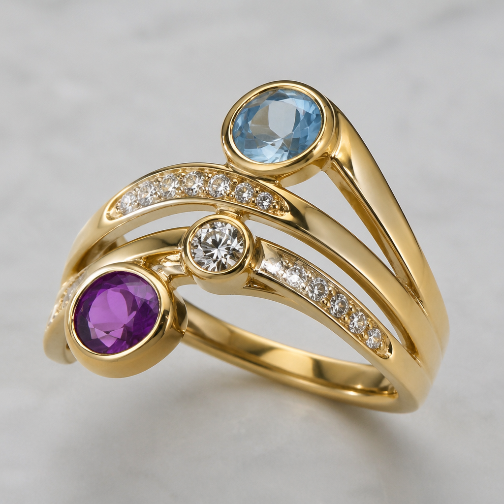 A modern women's ring made of gold with diamond and topaz and amethyst stones
photorealistic jewelry design, A modern women's ring made of gold with diamond and topaz and amethyst stones, modern style, just the design no text