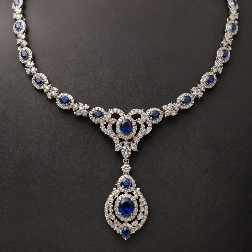 A vintage women's necklace with sapphire stones
photorealistic jewelry design, A vintage women's necklace with sapphire stones, vintage style, just the design no text