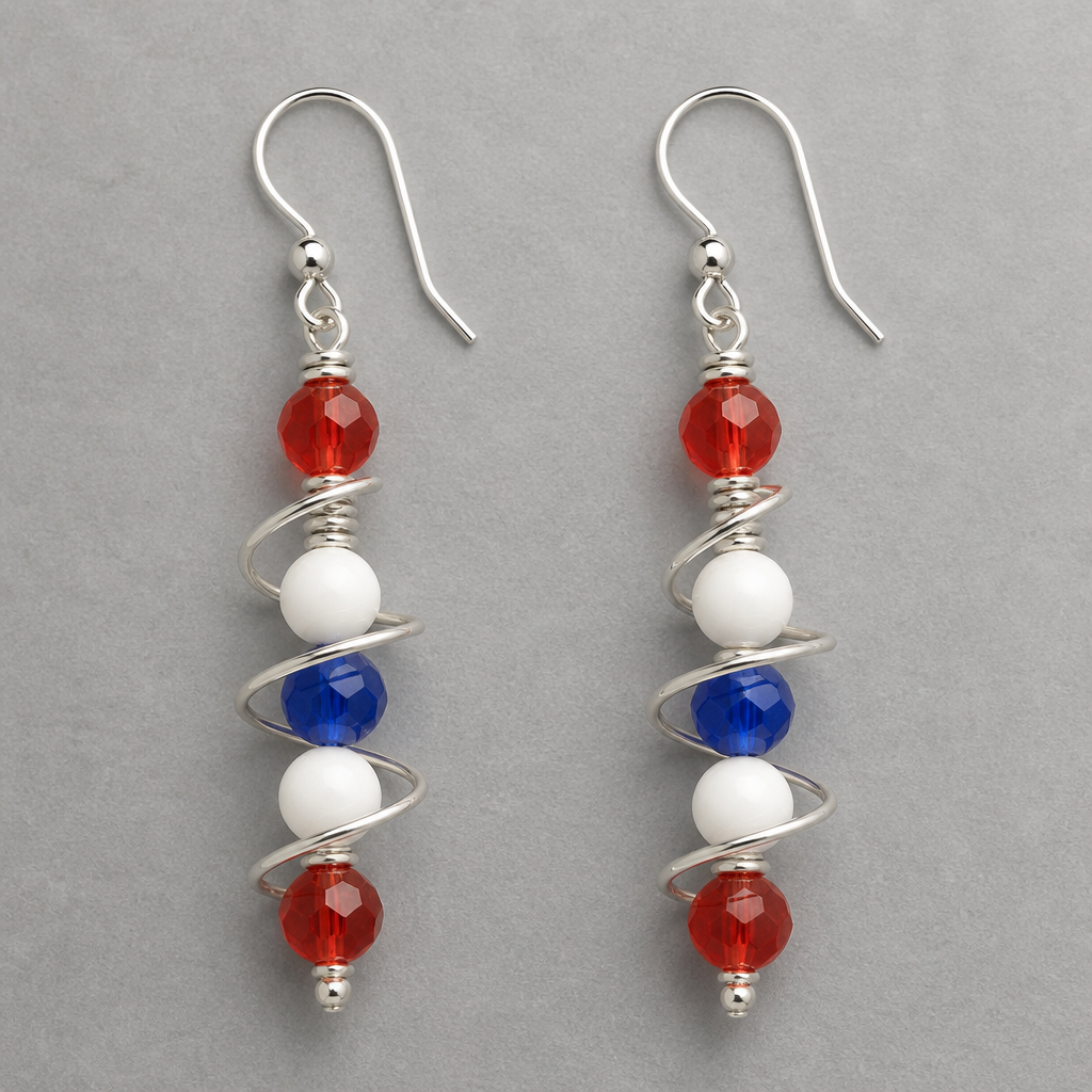 A women's earrings suitable for daily wear. create dangle earrings for 4th of july from beads and wire
photorealistic jewelry design, A women's earrings suitable for daily wear. create dangle earrings for 4th of july from beads and wire, modern style, just the design no text