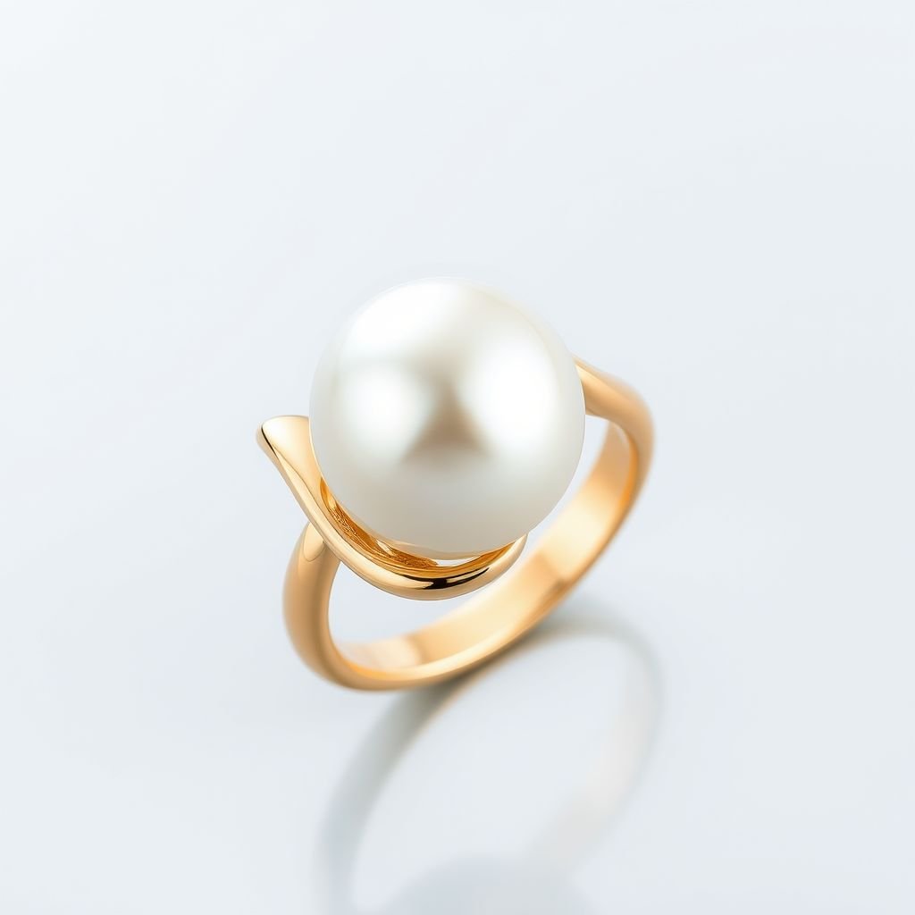 A golden ring with a pearl in the middle, the ring curving into an elegant wave type circle around the pearl. Add pearlescent details.