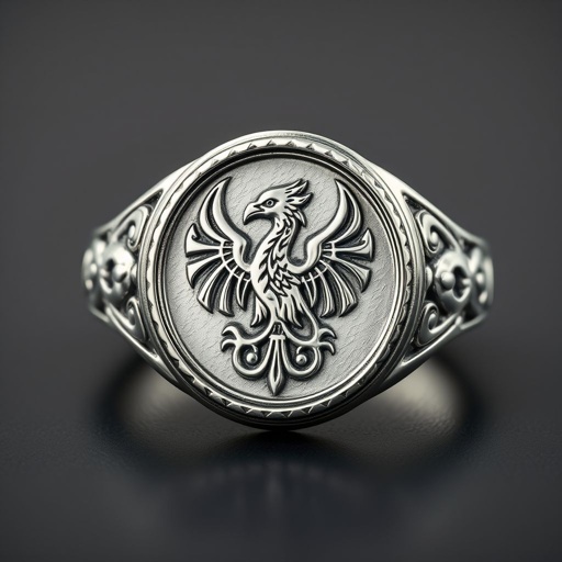 A silver segnit ring with a Celtic phoenix symbol on it 