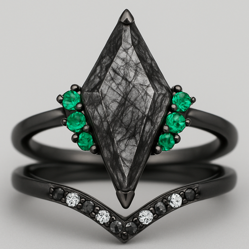 Black band, long kite cut rutilated black quartz, emerald accent stones 3 on each side in a cluster, add a wedding band that curves around the top of the main stone with black and white stones