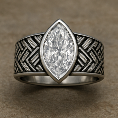 Bezel set 6 carat marquise diamond center stone with baguette diamonds in a herringbone pattern in the band