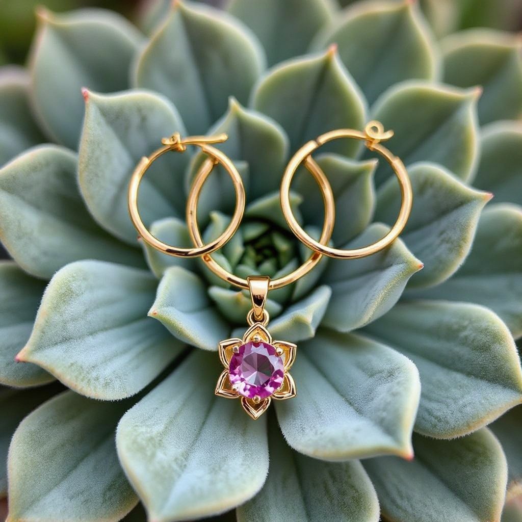 Серьги небольшие кольца, подвеска в виде золотого лотоса шестью лепестками с маленьким розовым кварцем по центру