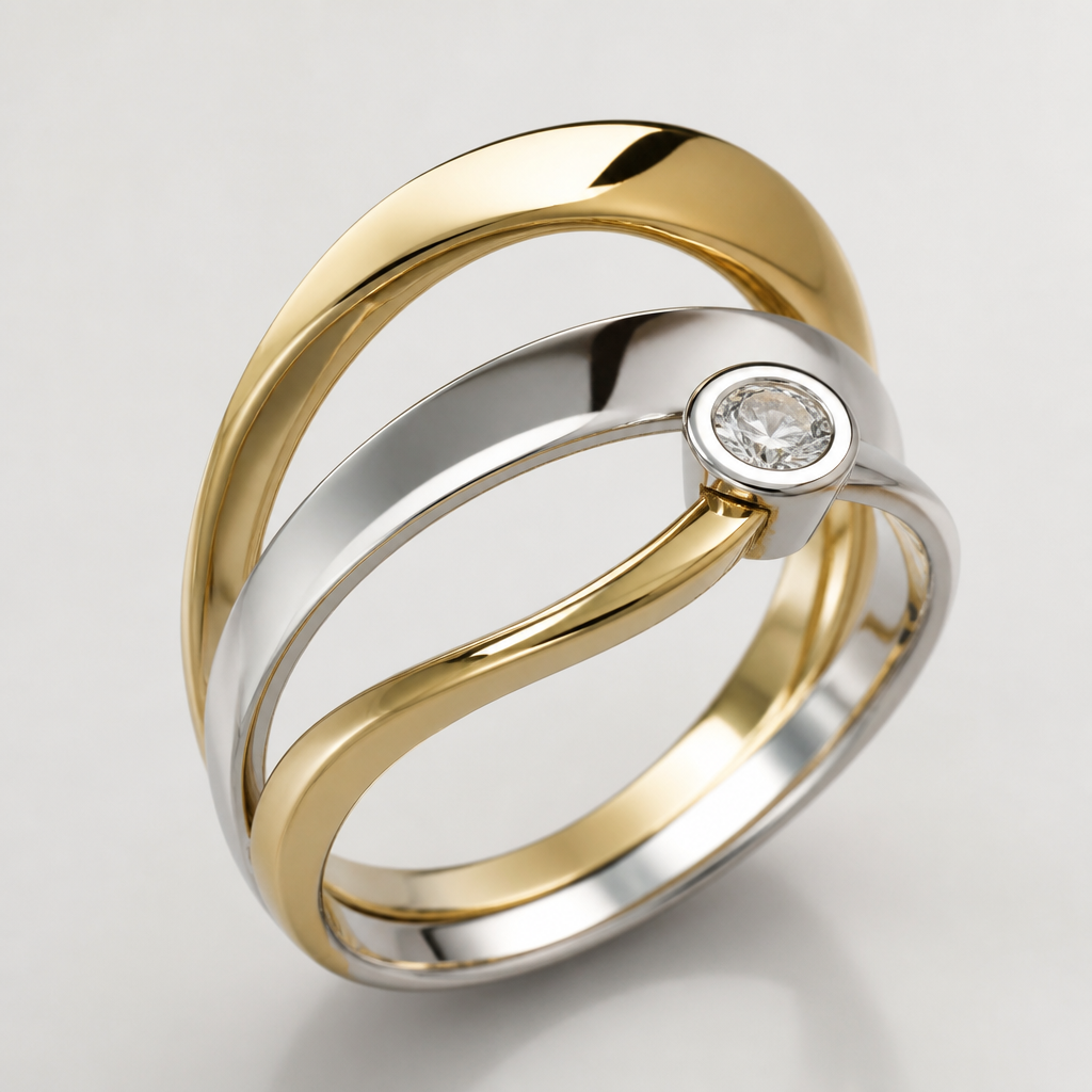 A modern women's ring made of mixed metal
photorealistic jewelry design, A modern women's ring made of mixed metal, modern style, just the design no text