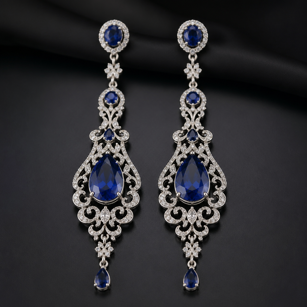 Sapphire long hanging earrings
photorealistic jewelry design, Sapphire long hanging earrings , filigree style, just the design no text