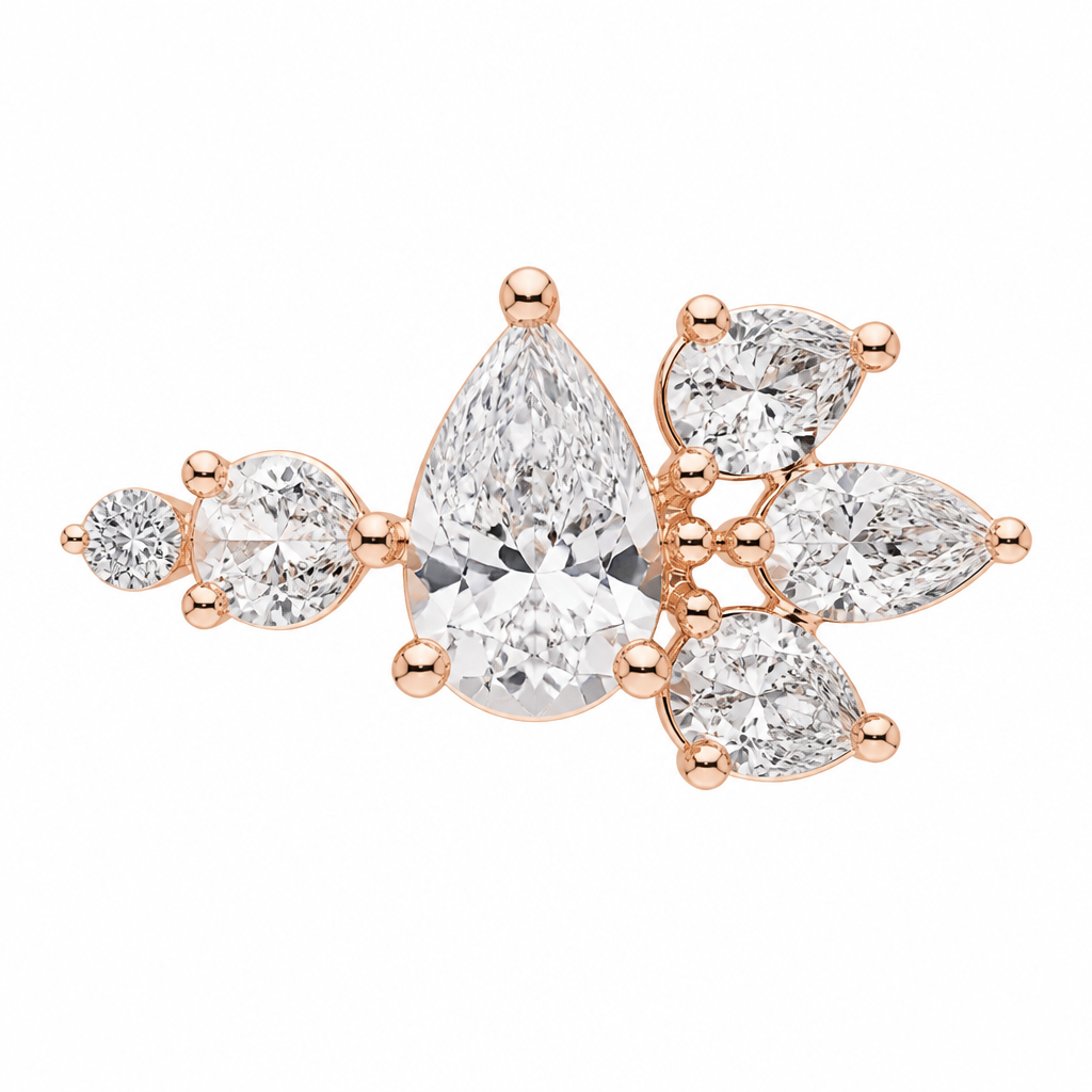 "pear shape center with three small pear right side, one small pear on left side with small round on left side in rose gold setting
photorealistic jewelry design, "pear shape center with three small pear right side, one small pear on left side with small round on left side in rose gold setting, just the design no text