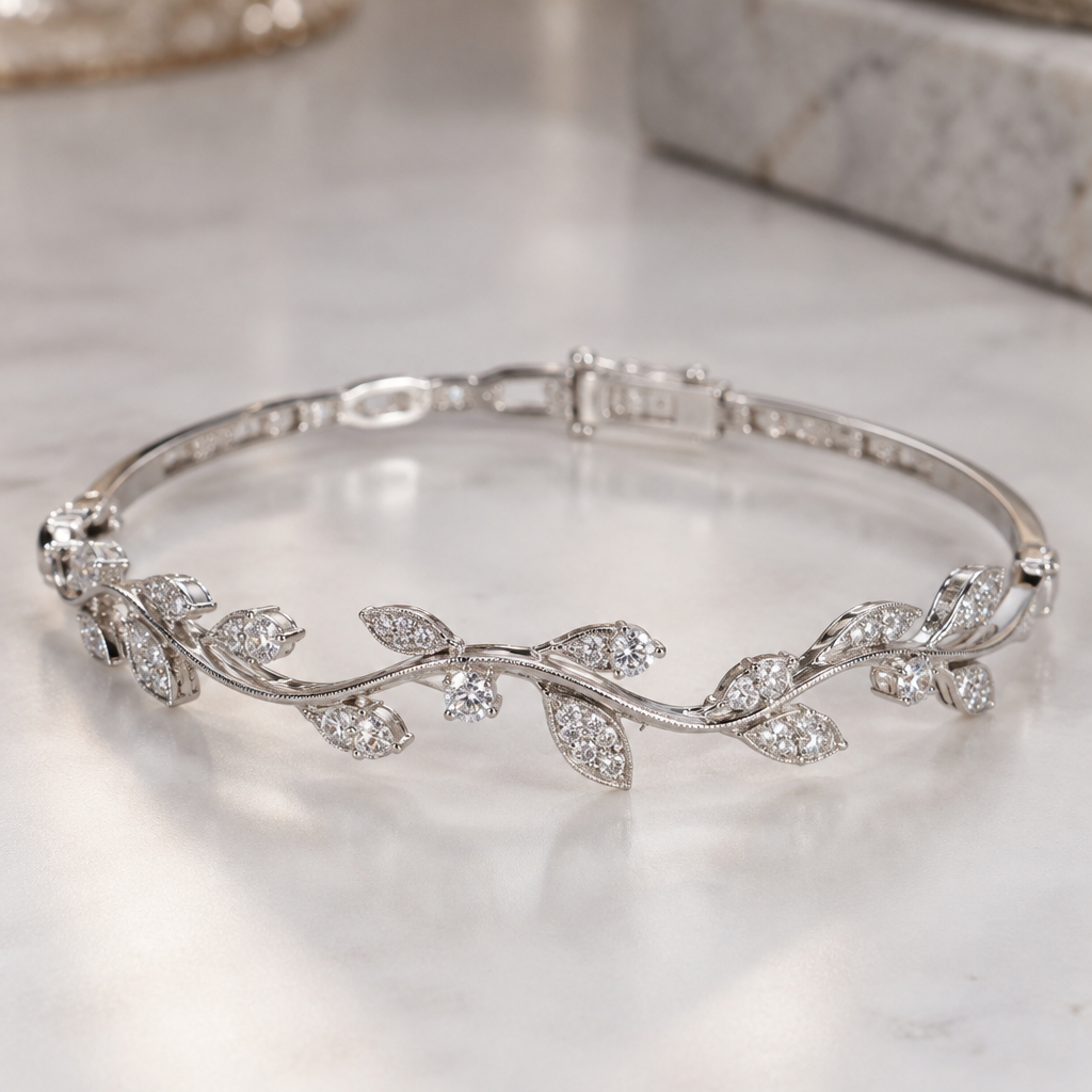 A minimalist women's bracelet made of white gold with diamond stones suitable for daily wear, detailed and decorative, moderately ornate
photorealistic jewelry design, A minimalist women's bracelet made of white gold with diamond stones suitable for daily wear, detailed and decorative, moderately ornate, minimalist style, just the design no text