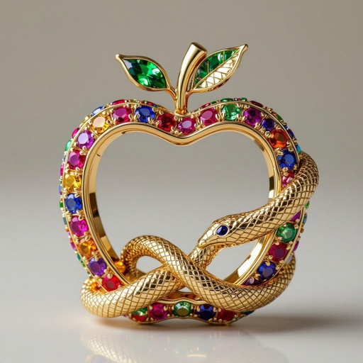 An apple frame climbed by a serpant from gold and designed with colorful gems