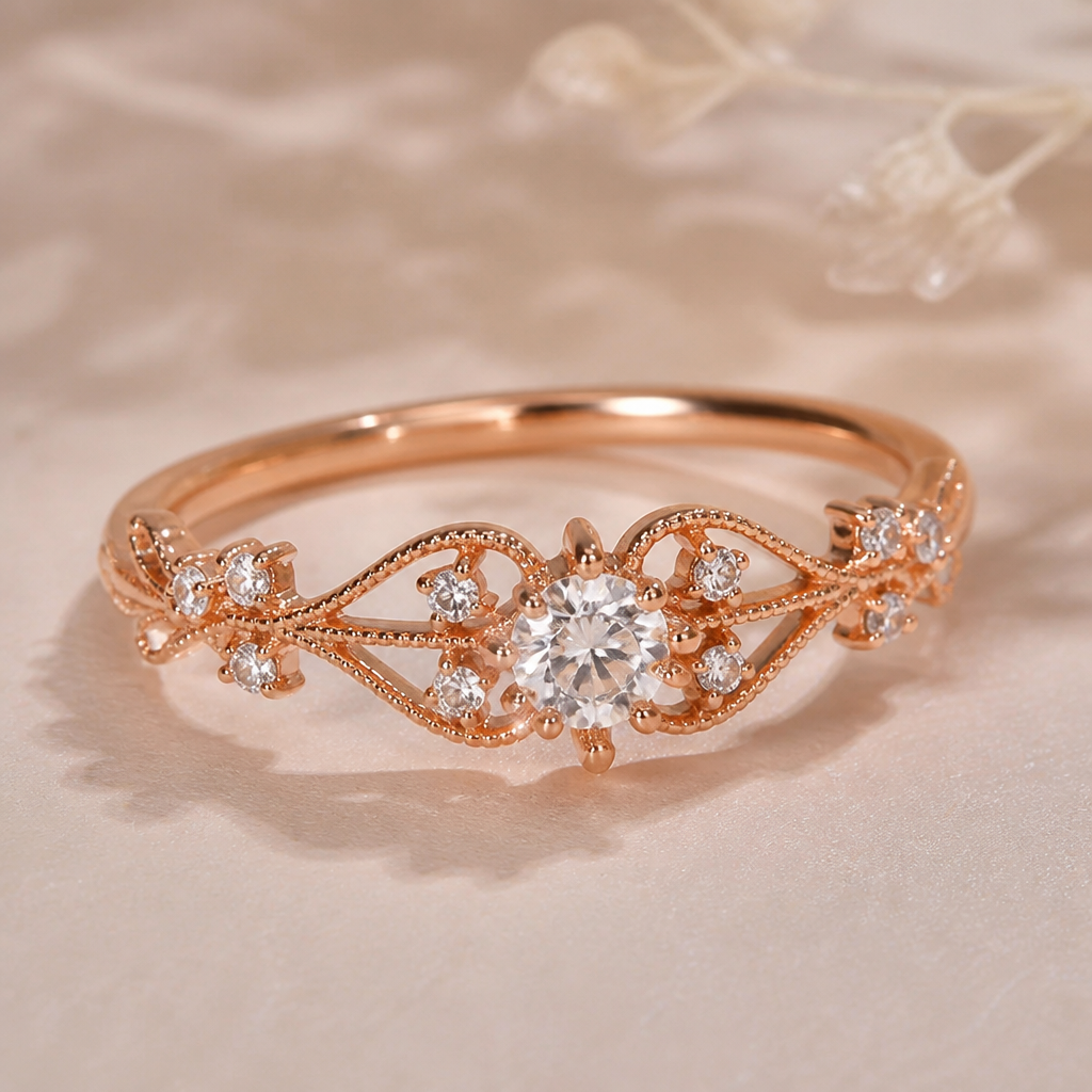 A minimalist women's ring made of rose gold with diamond stones suitable for birthday, highly ornate, intricate and elaborate, richly detailed
photorealistic jewelry design, A minimalist women's ring made of rose gold with diamond stones suitable for birthday, highly ornate, intricate and elaborate, richly detailed, minimalist style, just the design no text